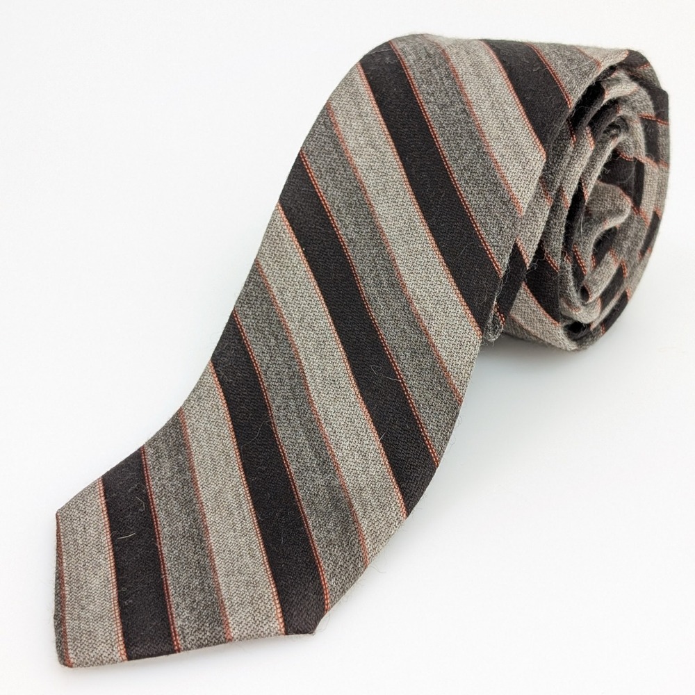 B Mens Silk Wool Blend Striped Necktie Grey Black Orange Textured Classic Tie